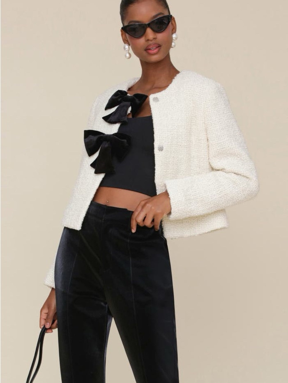 Avec Les Filles Ivory Cropped Bouclé Jacket